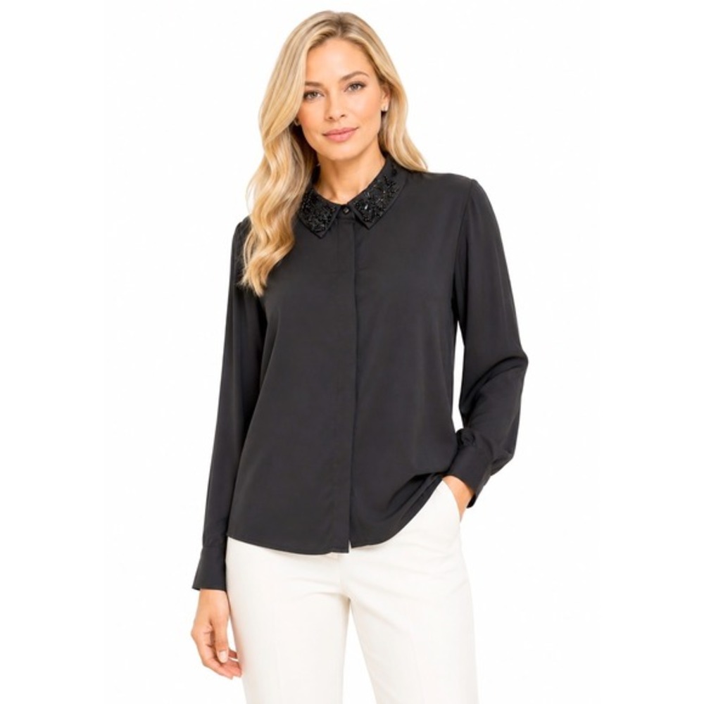 H&M Black Beaded Embellished Collar Button Down Blouse Long Sleeve 10 Chic 84-25